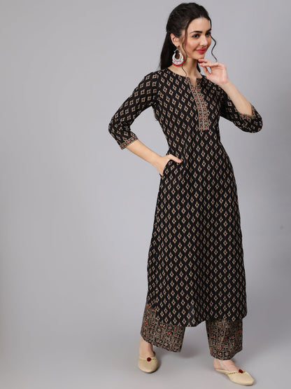 Black Ethnic Printed Kurta With Palazzo and Dupatta