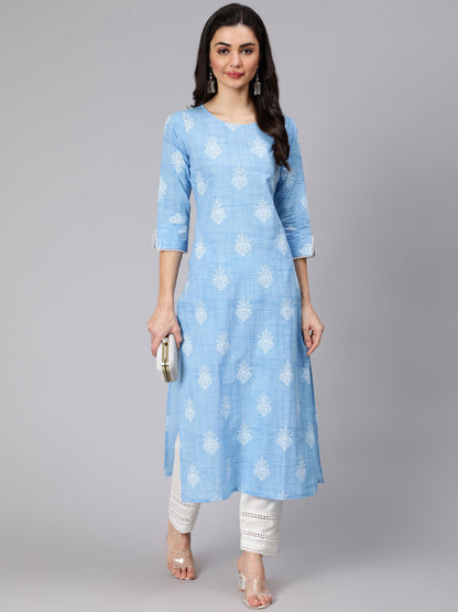Sky Blue Ethnic Printed Straight Kurta With Trouser
