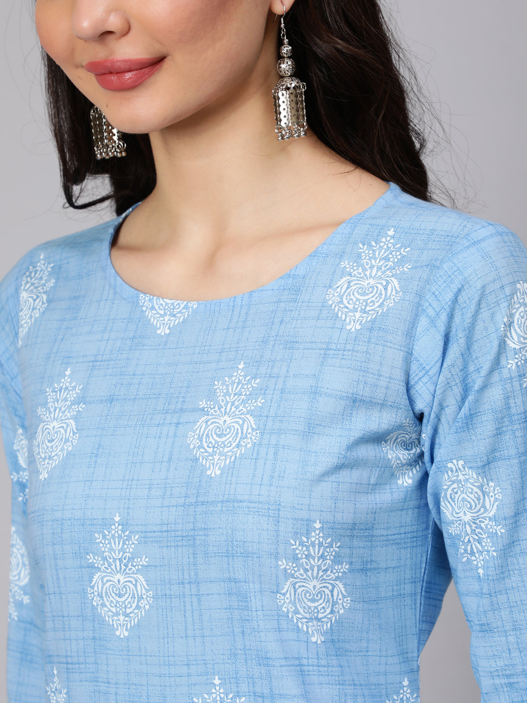 Sky Blue Ethnic Printed Straight Kurta With Trouser