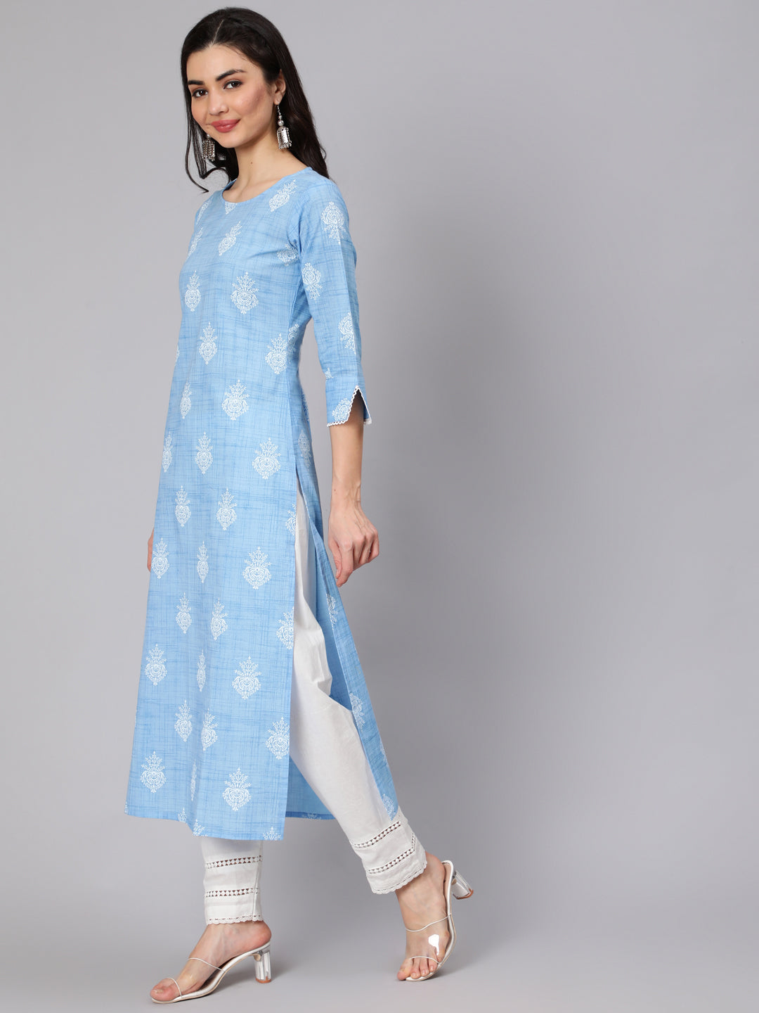 Sky Blue Ethnic Printed Straight Kurta With Trouser