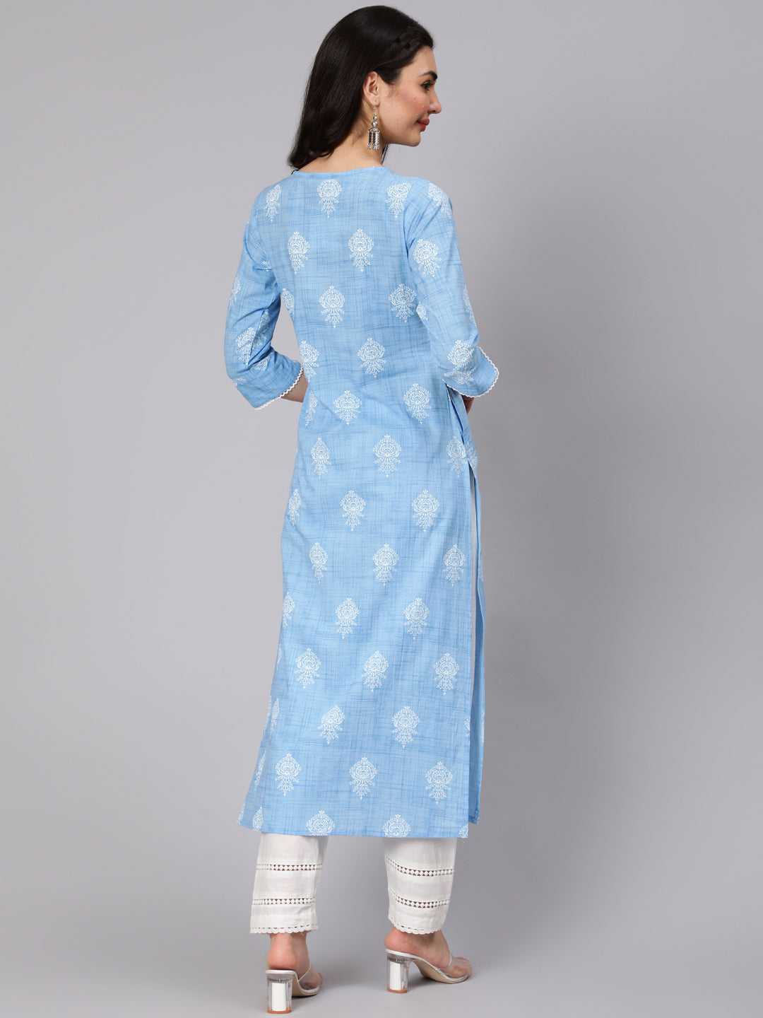 Sky Blue Ethnic Printed Straight Kurta With Trouser
