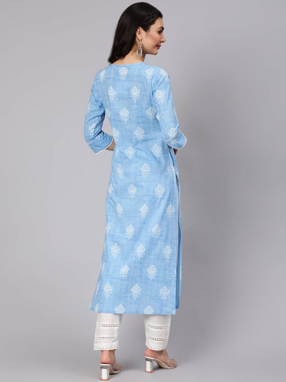 Sky Blue Ethnic Printed Straight Kurta With Trouser