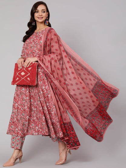 Pink Floral Printed Flared Kurta With Trouser With Dupatta