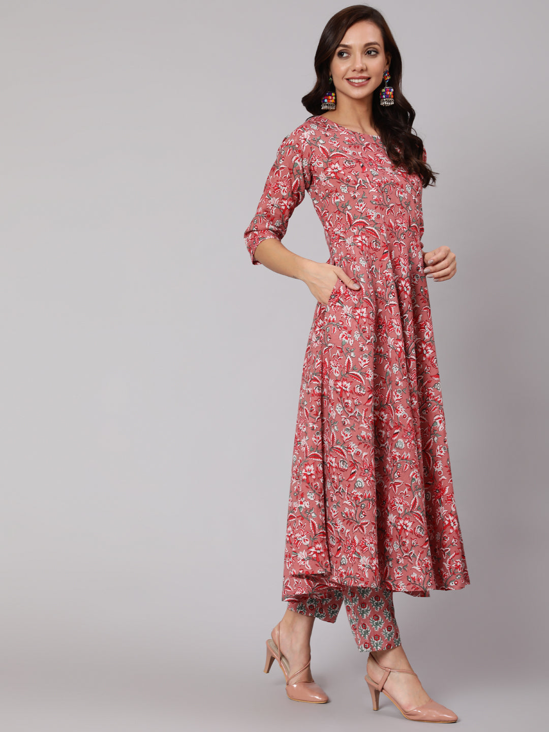 Pink Floral Printed Flared Kurta With Trouser With Dupatta