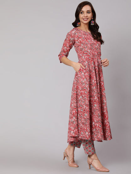 Pink Floral Printed Flared Kurta With Trouser With Dupatta