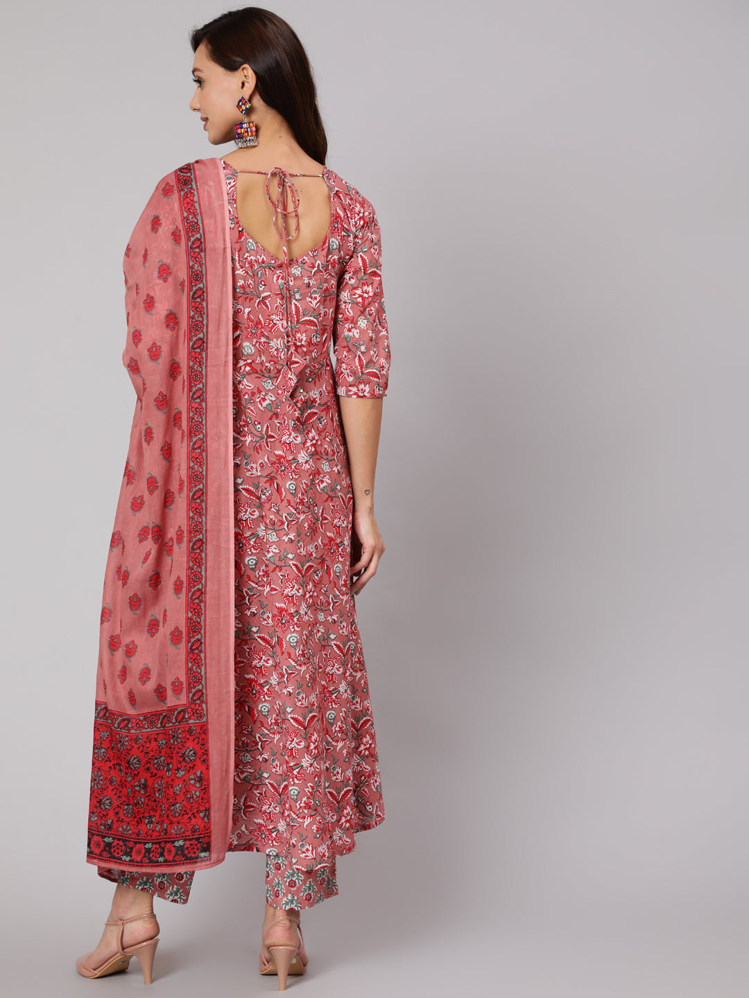 Pink Floral Printed Flared Kurta With Trouser With Dupatta