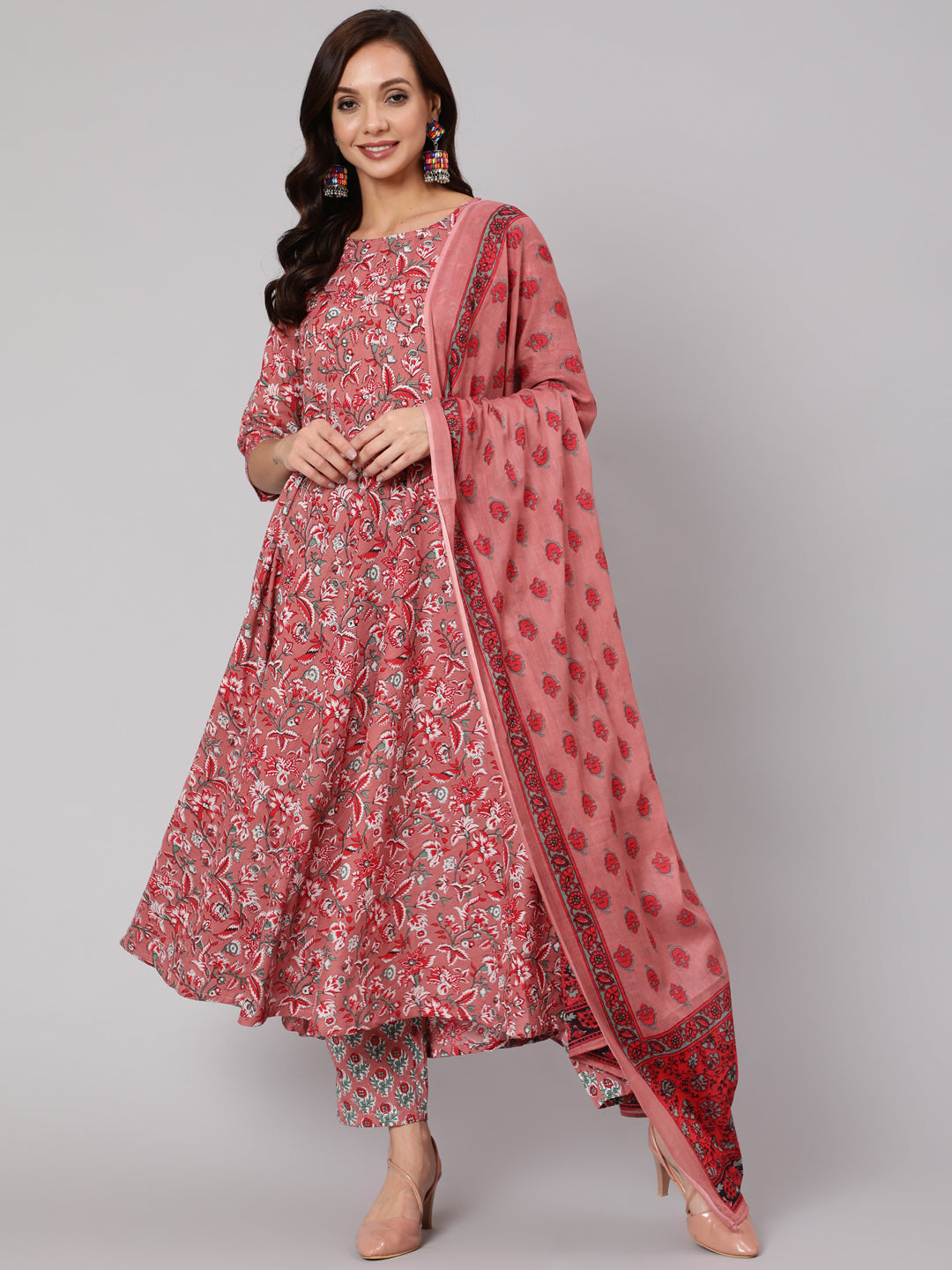 Pink Floral Printed Flared Kurta With Trouser With Dupatta