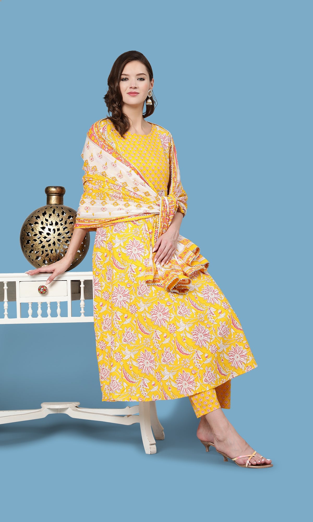 Yelllow Ethnic Printed Flared Kurta With Trouser And Dupatta