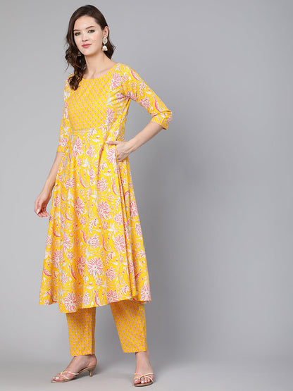 Yelllow Ethnic Printed Flared Kurta With Trouser And Dupatta