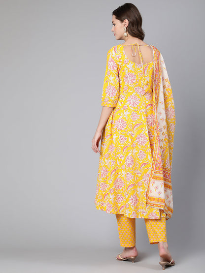 Yelllow Ethnic Printed Flared Kurta With Trouser And Dupatta