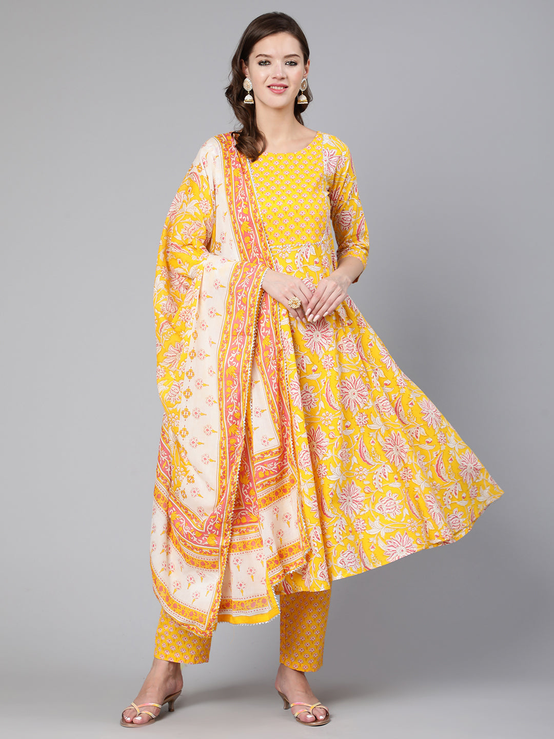 Yelllow Ethnic Printed Flared Kurta With Trouser And Dupatta