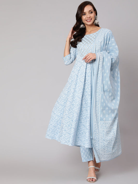 Light Blue Floral Printedt Flared Kurta With Trouser And Dupatta