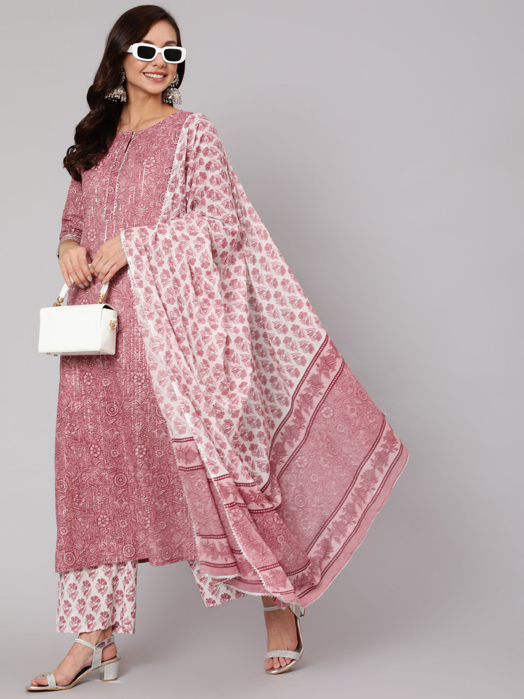 Purple Floral Straight Kurta With Palazzo And Dupatta