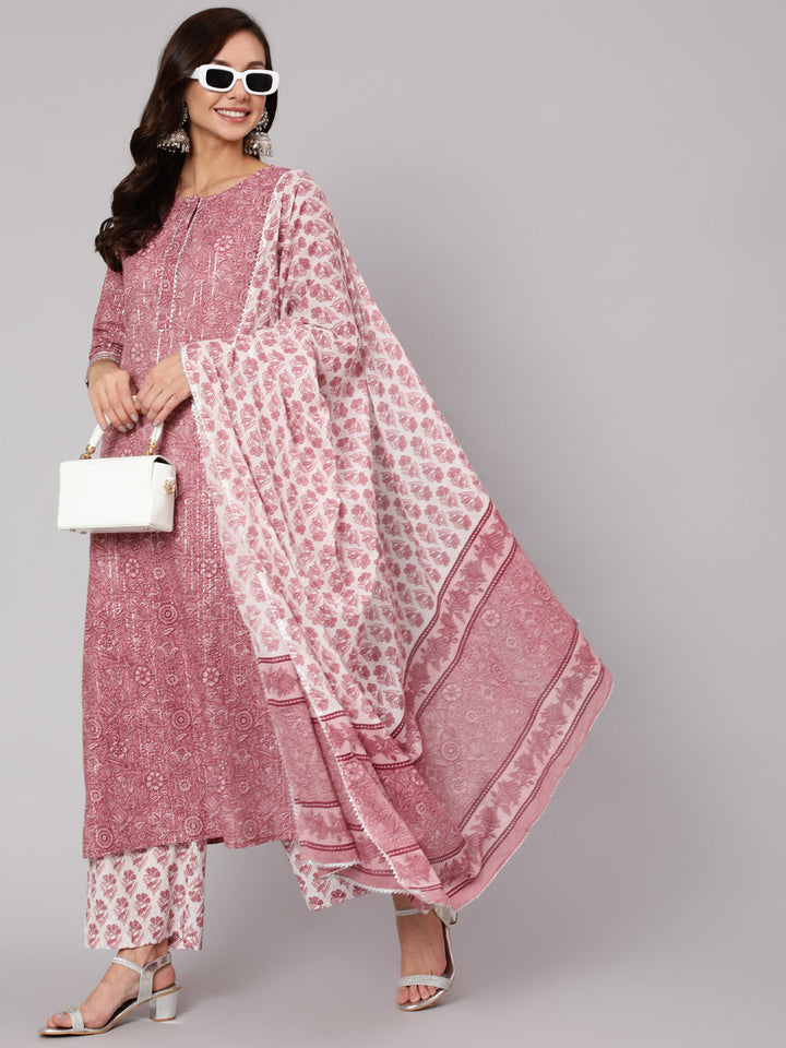 Purple Floral Straight Kurta With Palazzo And Dupatta
