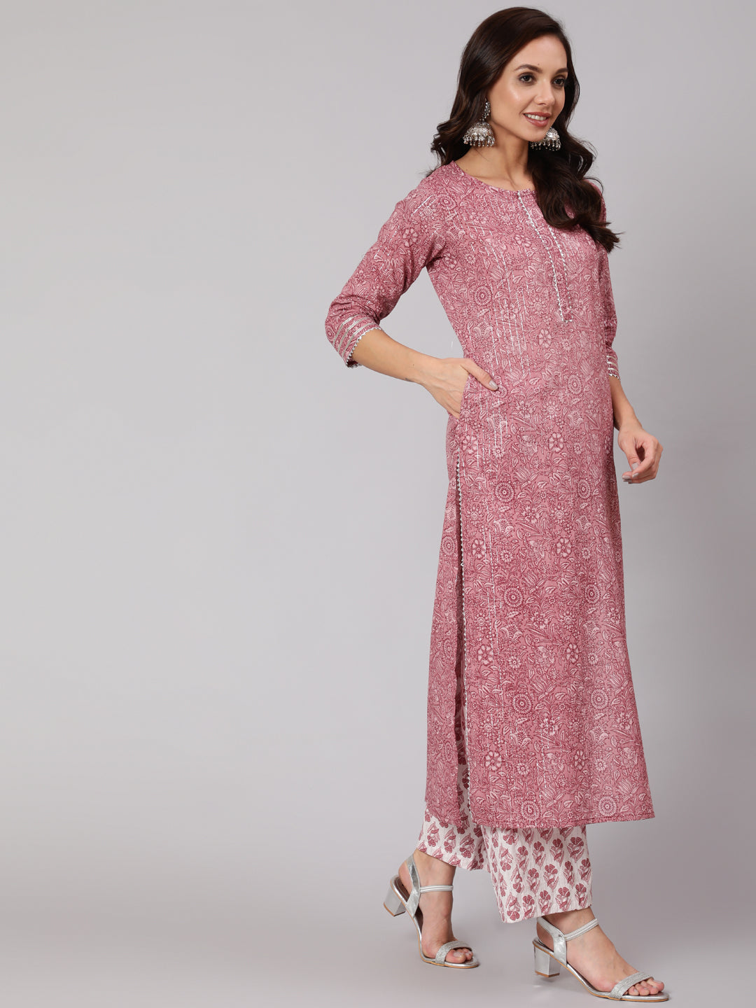 Purple Floral Straight Kurta With Palazzo And Dupatta