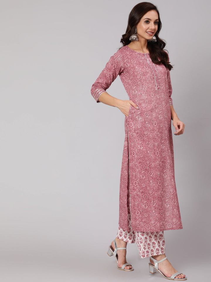 Purple Floral Straight Kurta With Palazzo And Dupatta