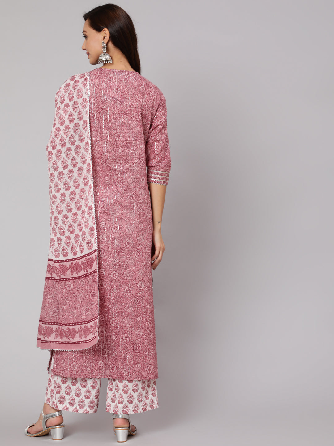 Purple Floral Straight Kurta With Palazzo And Dupatta