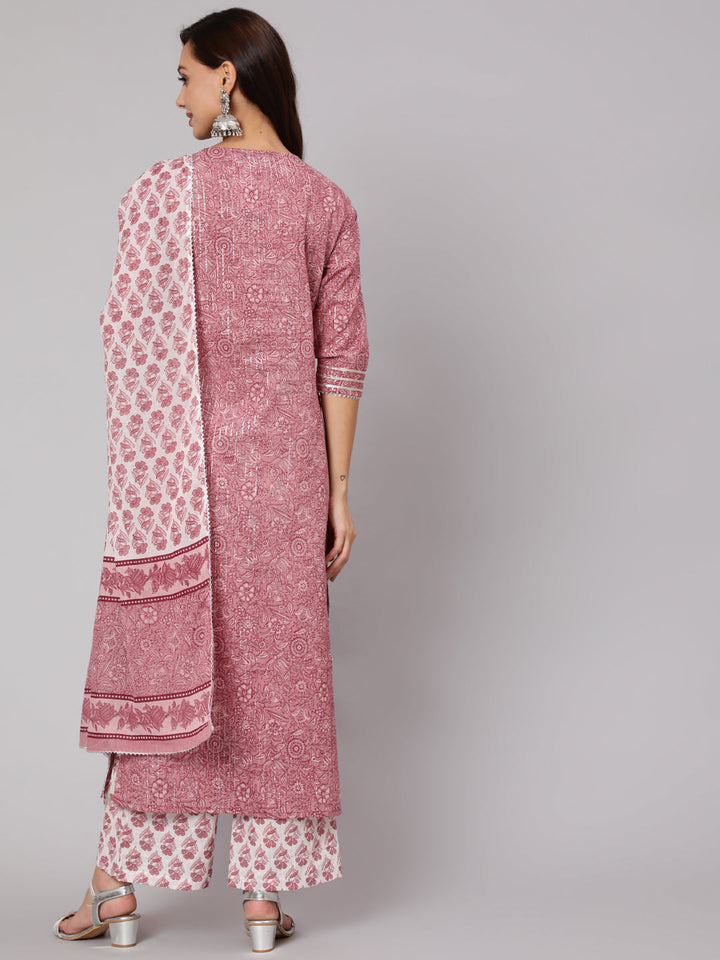 Purple Floral Straight Kurta With Palazzo And Dupatta