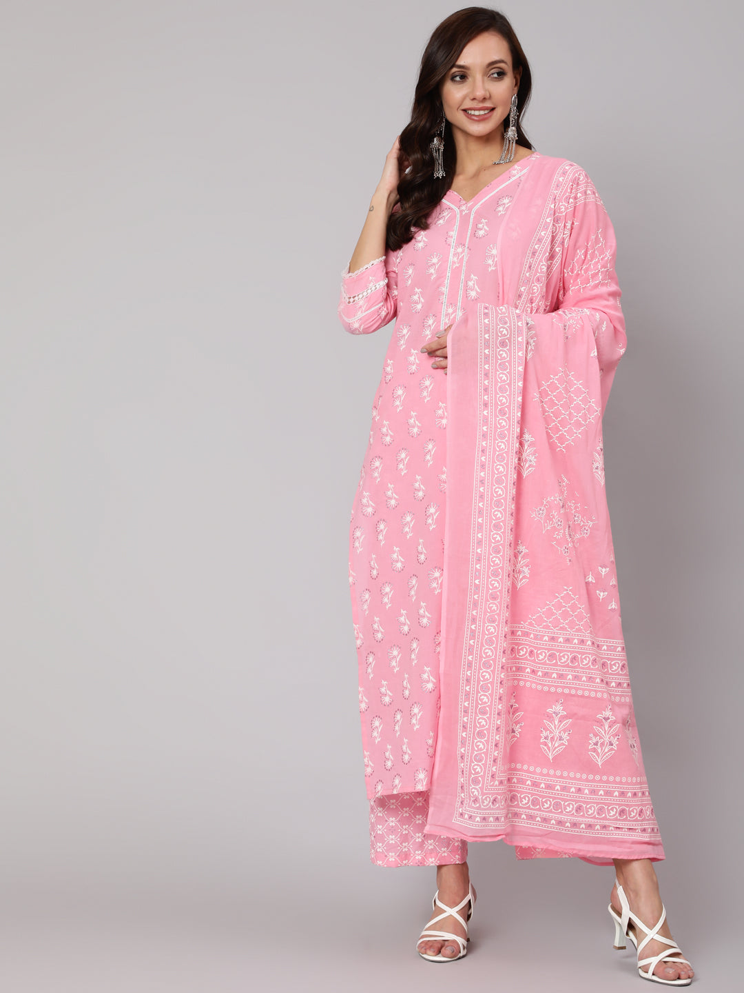 Pink Silver Floral Printed Straight kurta With Palazzo And Dupatta