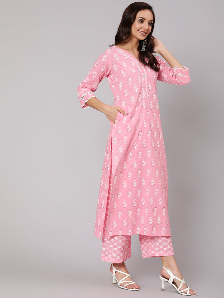 Pink Silver Floral Printed Straight kurta With Palazzo And Dupatta