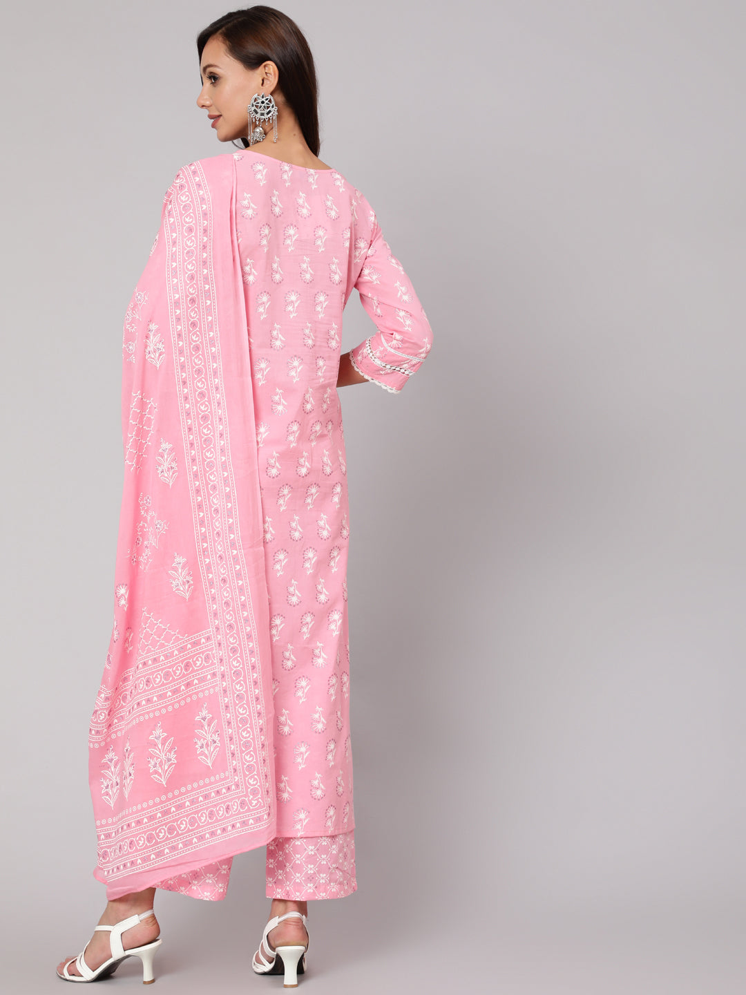 Pink Silver Floral Printed Straight kurta With Palazzo And Dupatta