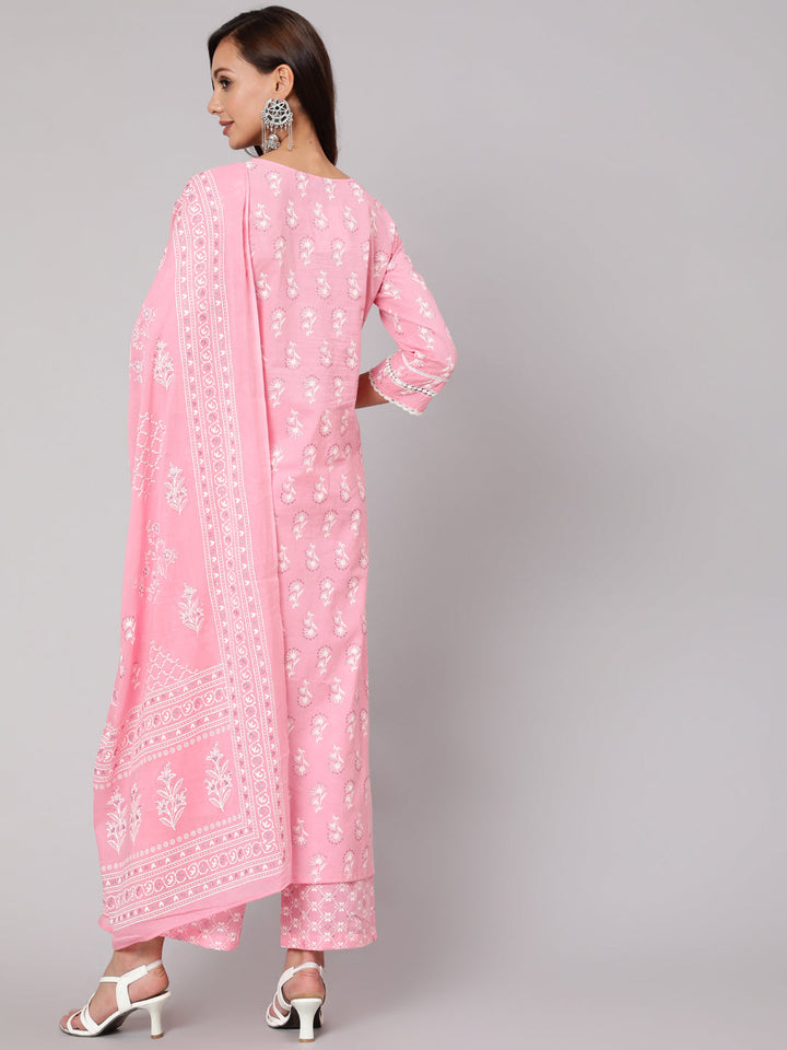 Pink Silver Floral Printed Straight kurta With Palazzo And Dupatta