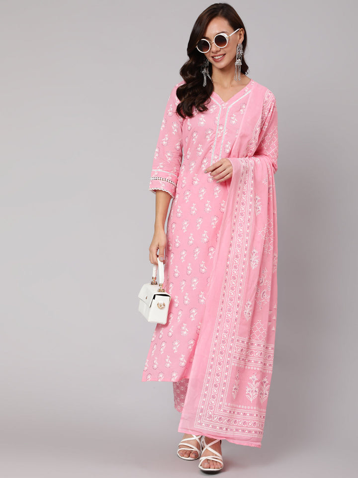 Pink Silver Floral Printed Straight kurta With Palazzo And Dupatta