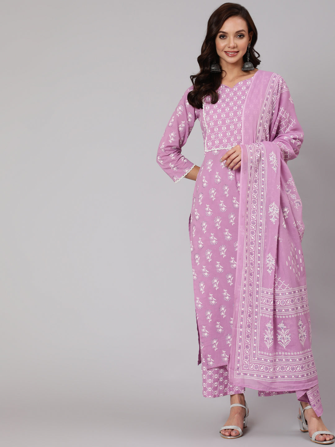 Purple Silver Floral Printed Straight kurta With Palazzo And Dupatta