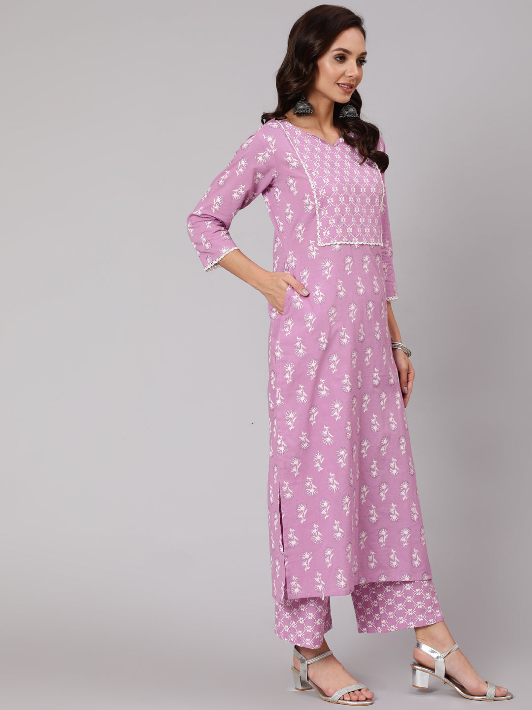 Purple Silver Floral Printed Straight kurta With Palazzo And Dupatta