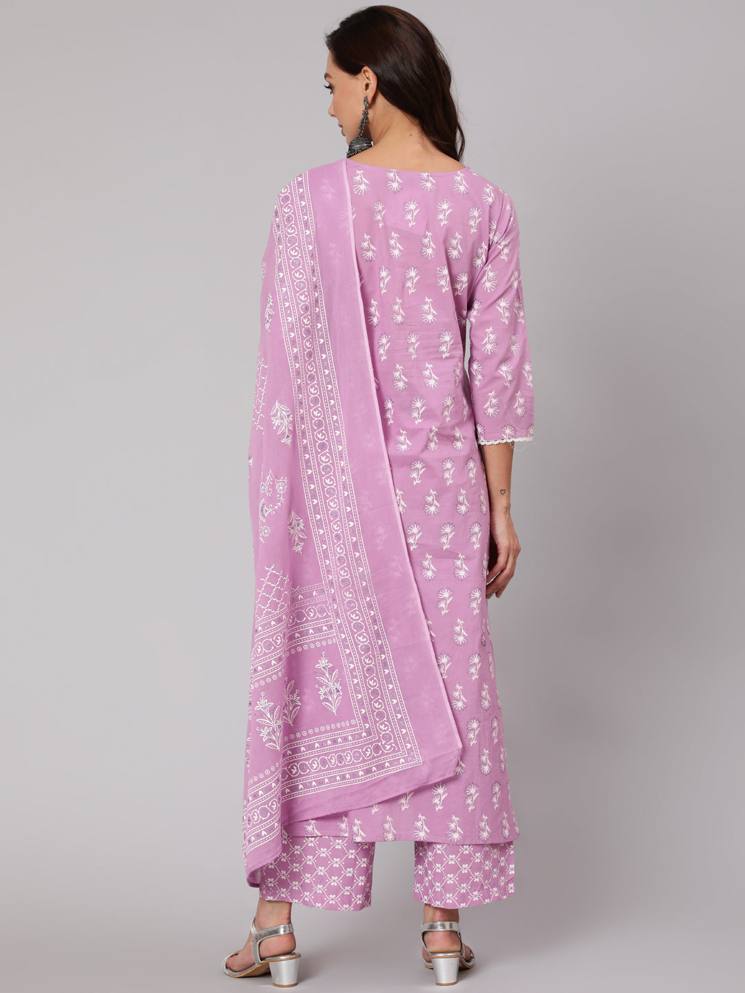 Purple Silver Floral Printed Straight kurta With Palazzo And Dupatta