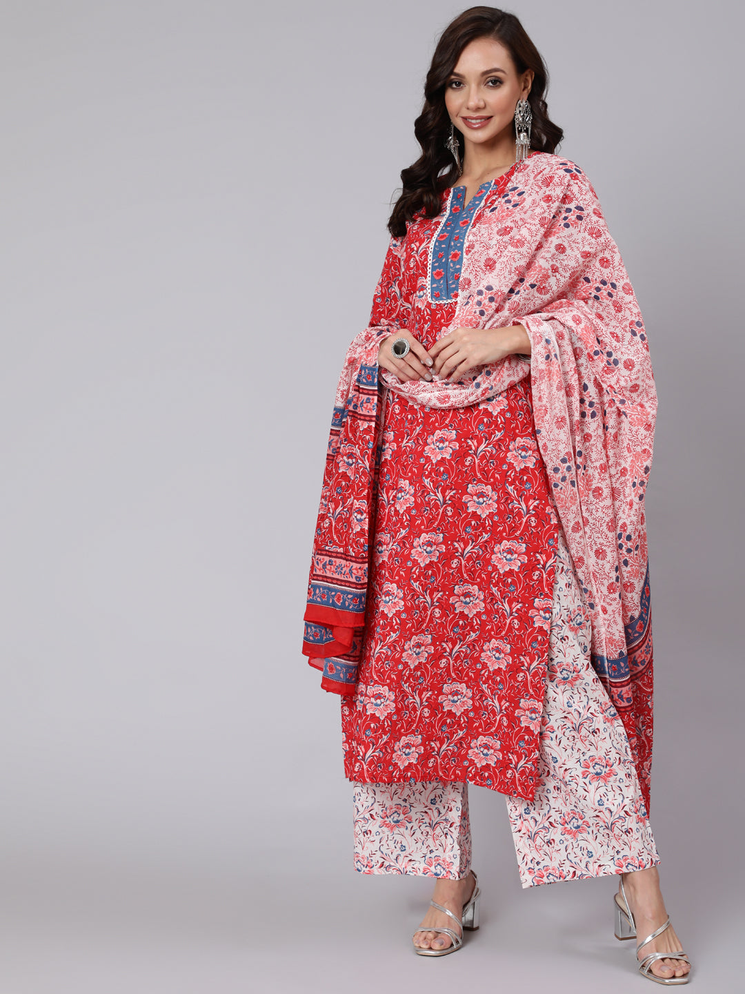 Red Floral Printed Straight Kurta &amp; Palazzo With Dupatta