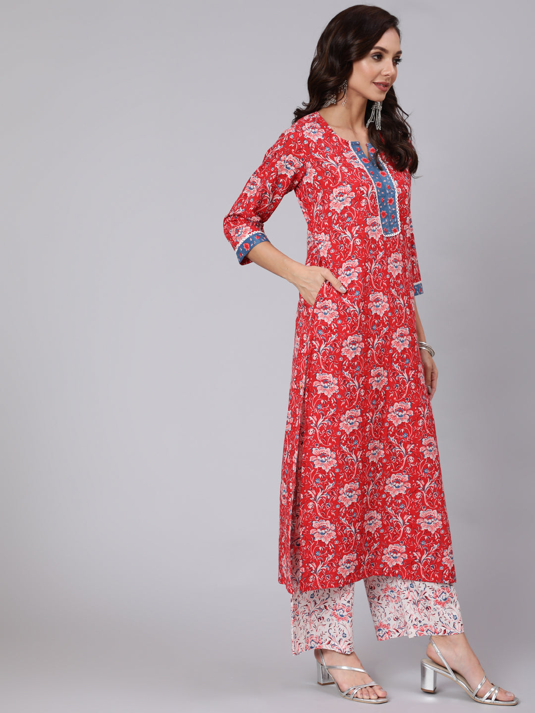 Red Floral Printed Straight Kurta &amp; Palazzo With Dupatta