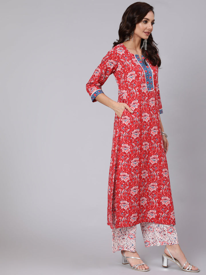 Red Floral Printed Straight Kurta &amp; Palazzo With Dupatta