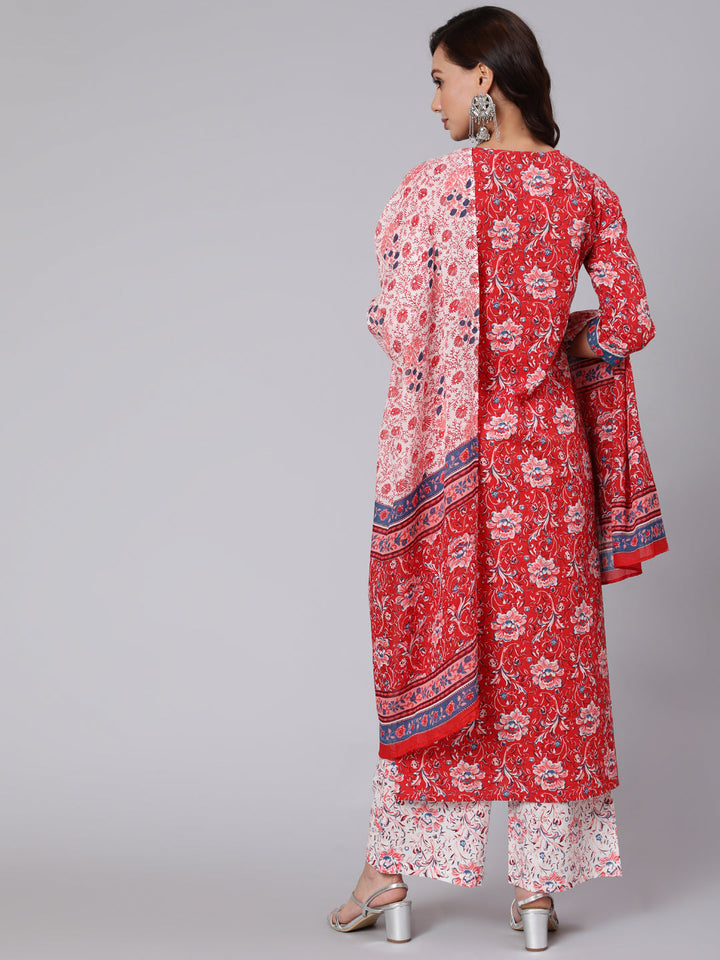 Red Floral Printed Straight Kurta &amp; Palazzo With Dupatta