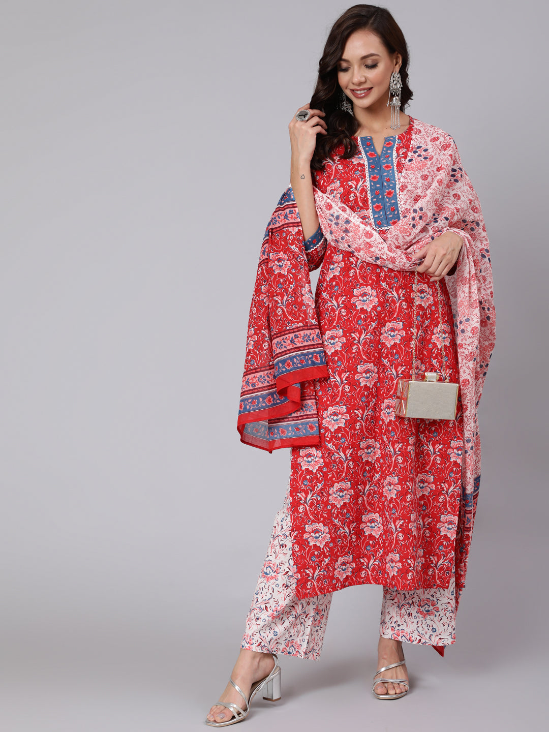 Red Floral Printed Straight Kurta &amp; Palazzo With Dupatta