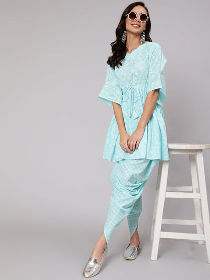 Aqua Blue Ethnic Printed A-Line Kurta With Dhoti