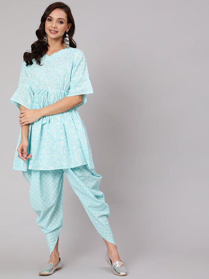 Aqua Blue Ethnic Printed A-Line Kurta With Dhoti