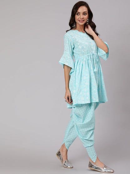 Aqua Blue Ethnic Printed A-Line Kurta With Dhoti