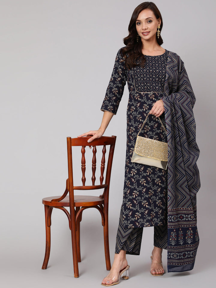Navy Blue Ethnic Printed Straight Kurta With Palazzo And Dupatta
