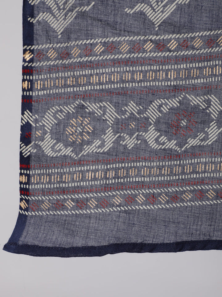 Navy Blue Ethnic Printed Straight Kurta With Palazzo And Dupatta