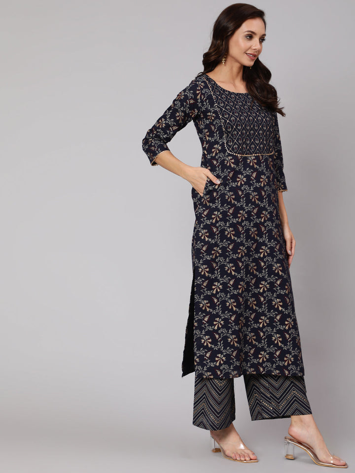 Navy Blue Ethnic Printed Straight Kurta With Palazzo And Dupatta