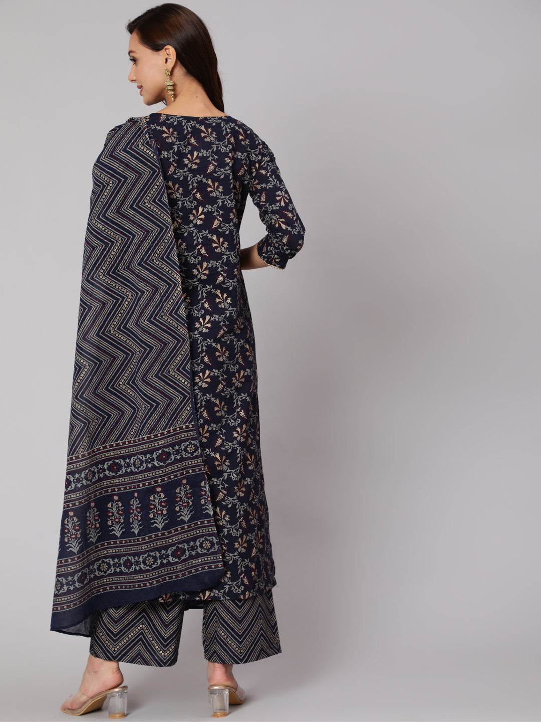 Navy Blue Ethnic Printed Straight Kurta With Palazzo And Dupatta