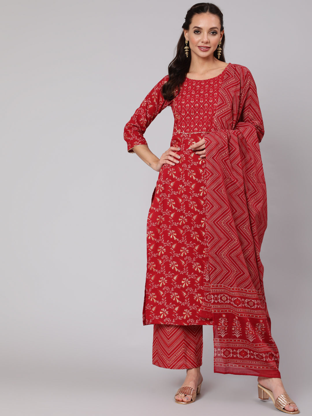 Maroon Ethnic Printed Straight Kurta With Palazzo And Dupatta