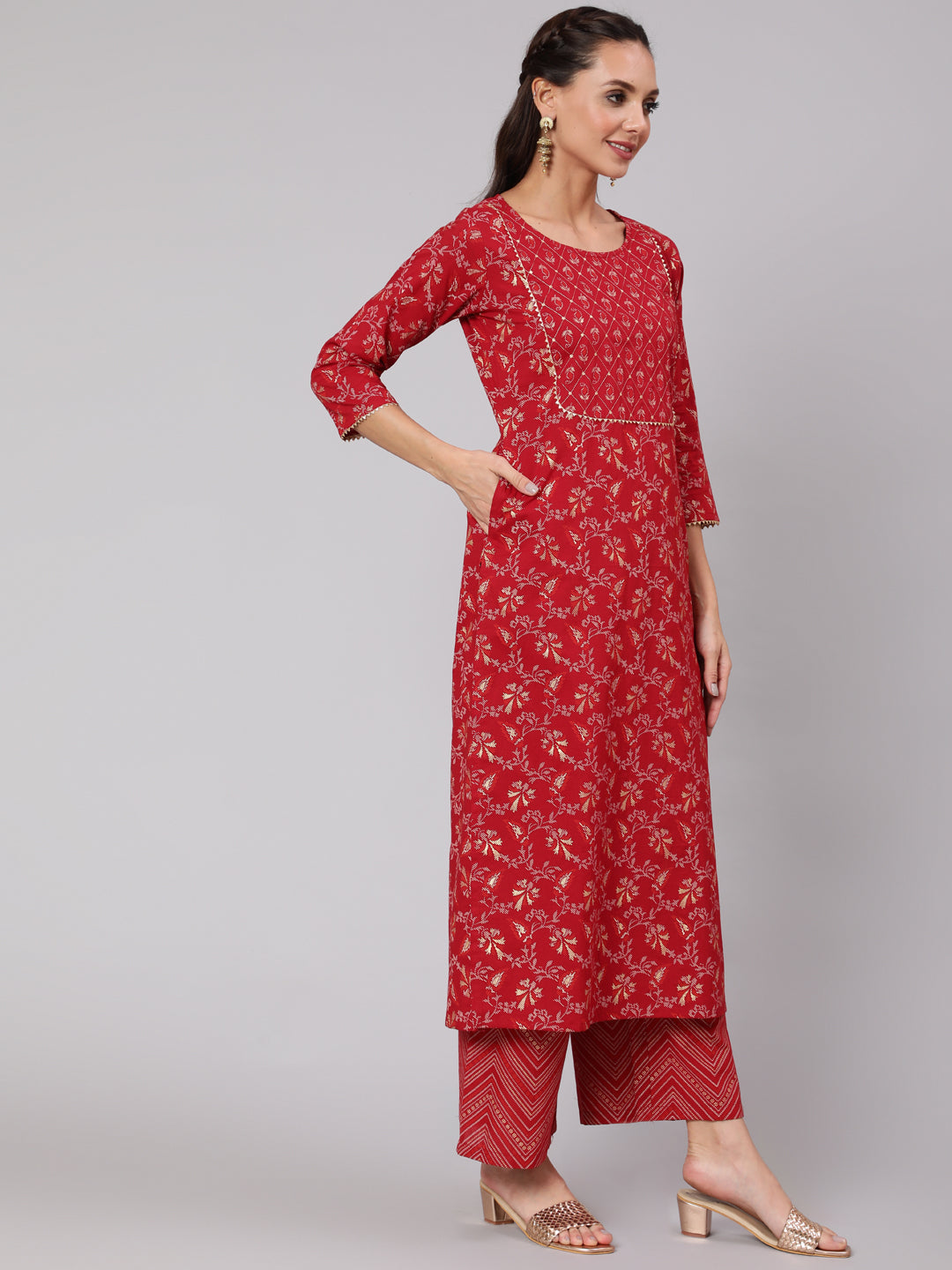 Maroon Ethnic Printed Straight Kurta With Palazzo And Dupatta