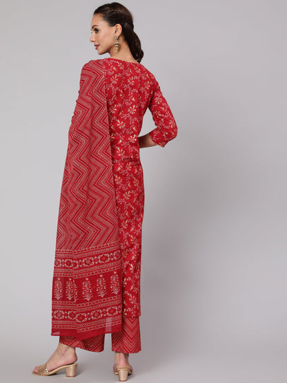 Maroon Ethnic Printed Straight Kurta With Palazzo And Dupatta