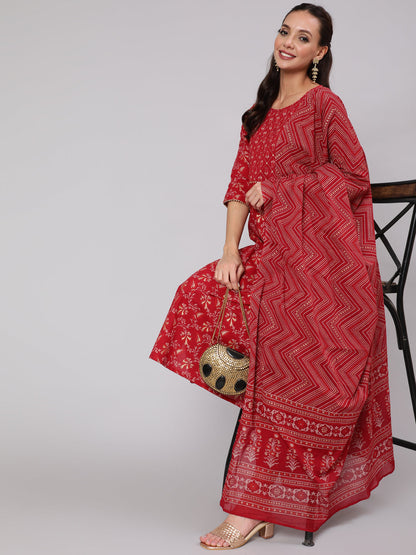Maroon Ethnic Printed Straight Kurta With Palazzo And Dupatta