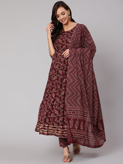 Burgundy Printed Flared Kurta With Trouser And Dupatta