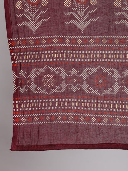 Burgundy Printed Flared Kurta With Trouser And Dupatta