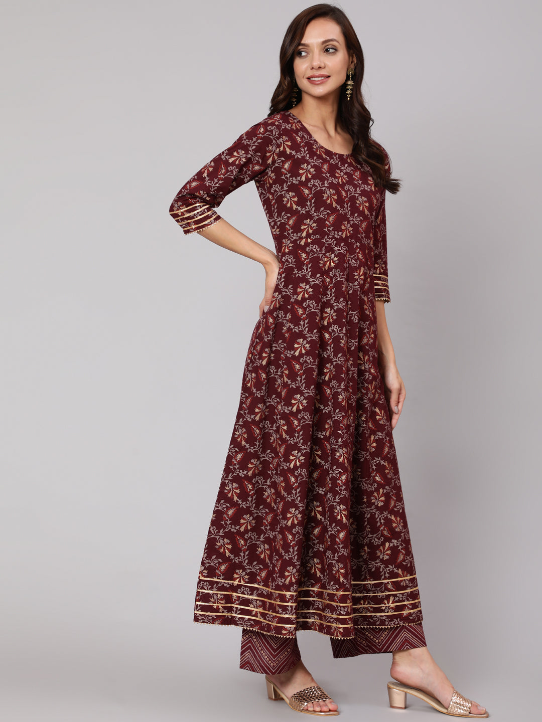 Burgundy Printed Flared Kurta With Trouser And Dupatta