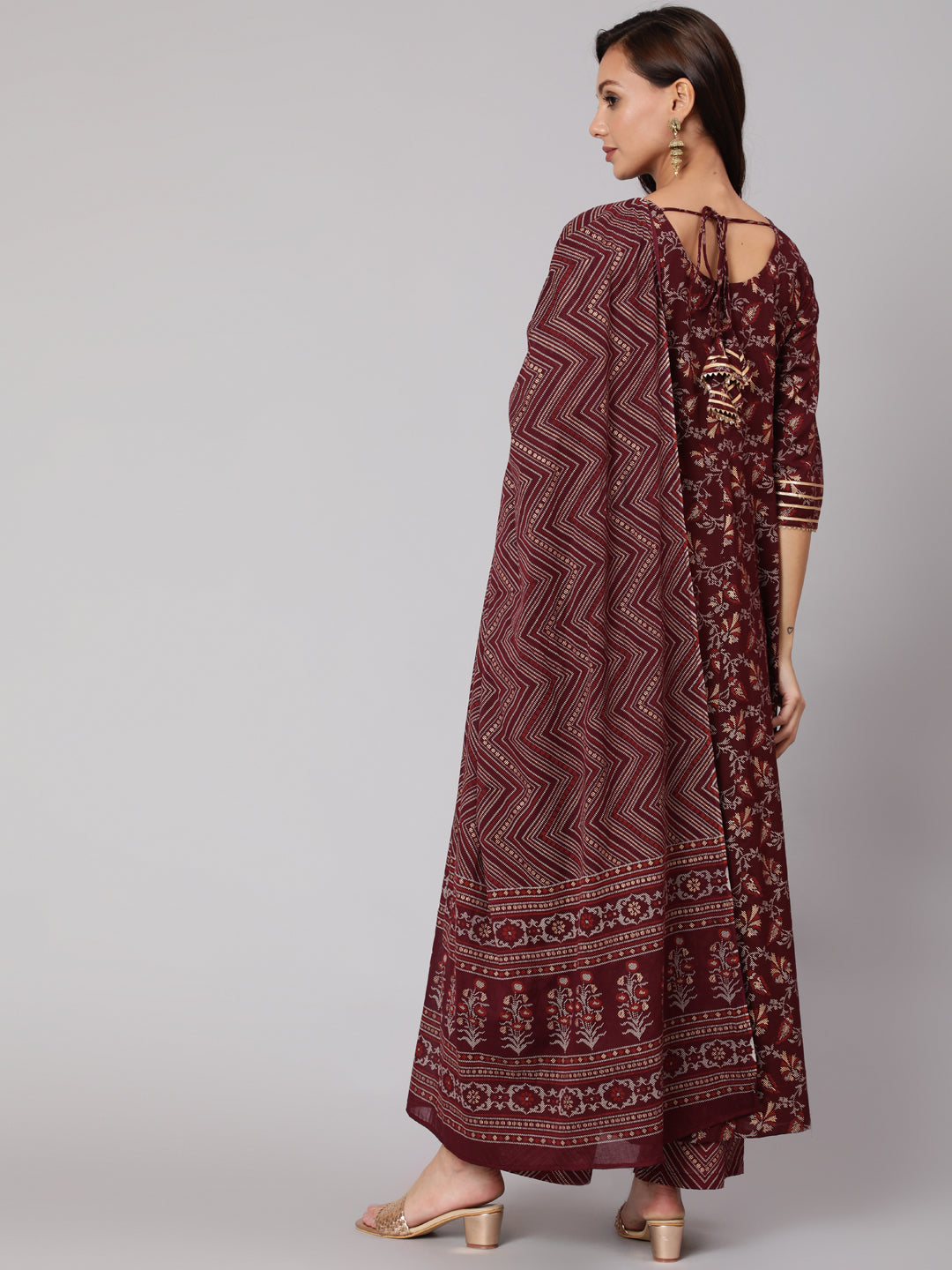 Burgundy Printed Flared Kurta With Trouser And Dupatta